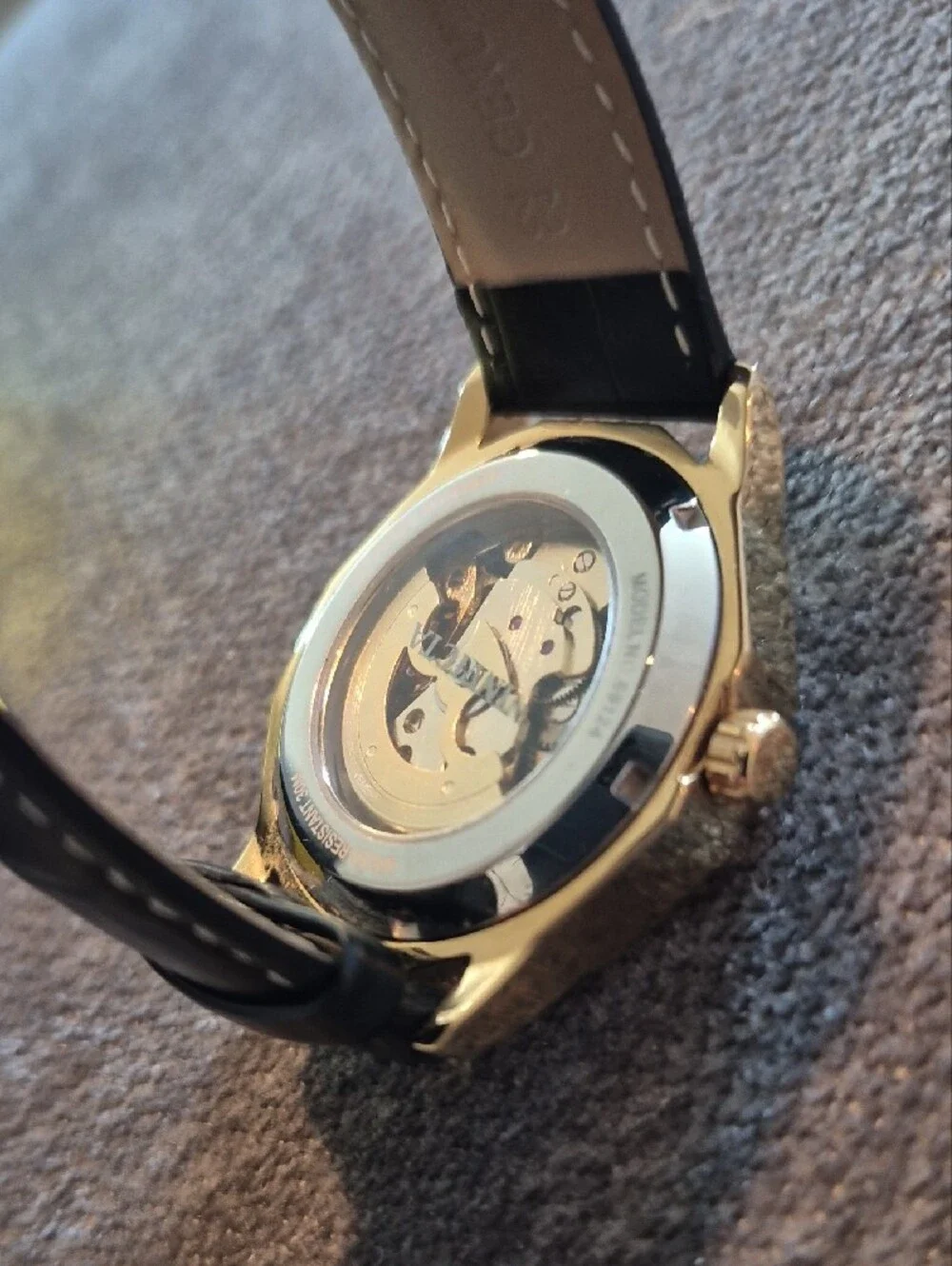 Invicta Gold Skeleton Mechanical Watch with Black Leather Strap